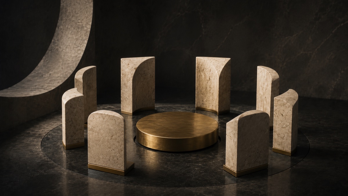 Editorial composition of arched stone forms encircling a brass plinth — a metaphor for board governance.