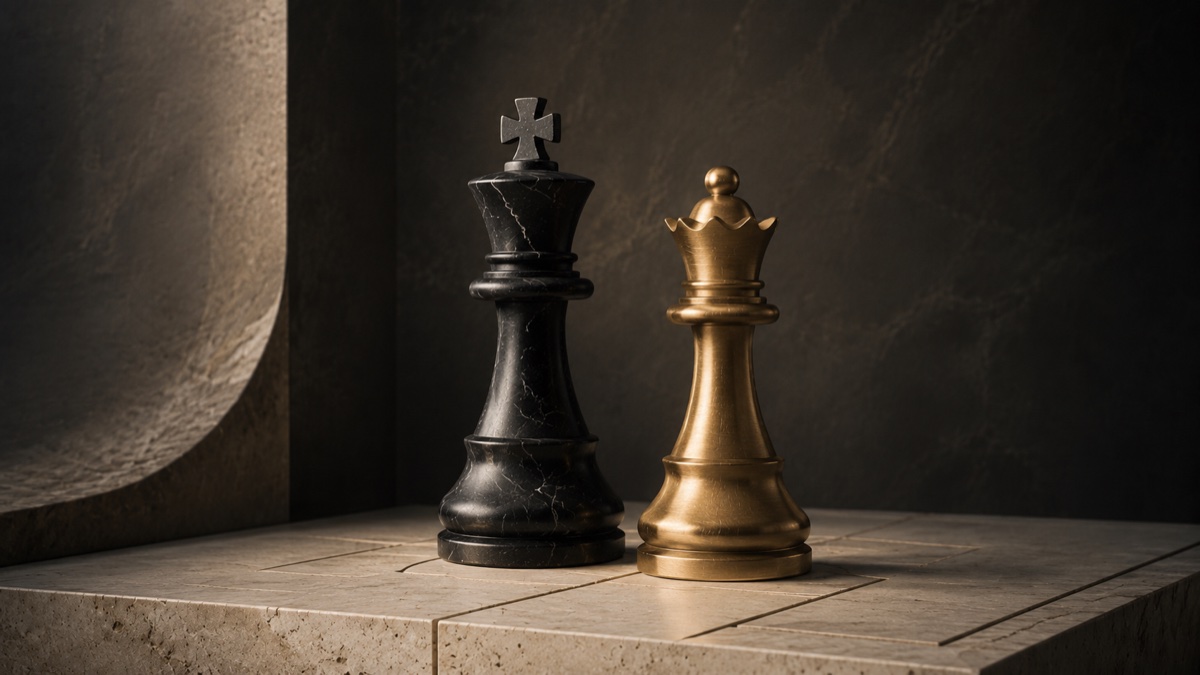 Editorial still life of two chess pieces — a black king and a brass queen — on a travertine board.