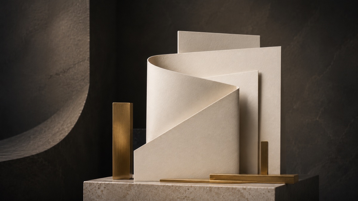 Editorial sculpture of folded cream paper forming a spiral, anchored by brass weights.