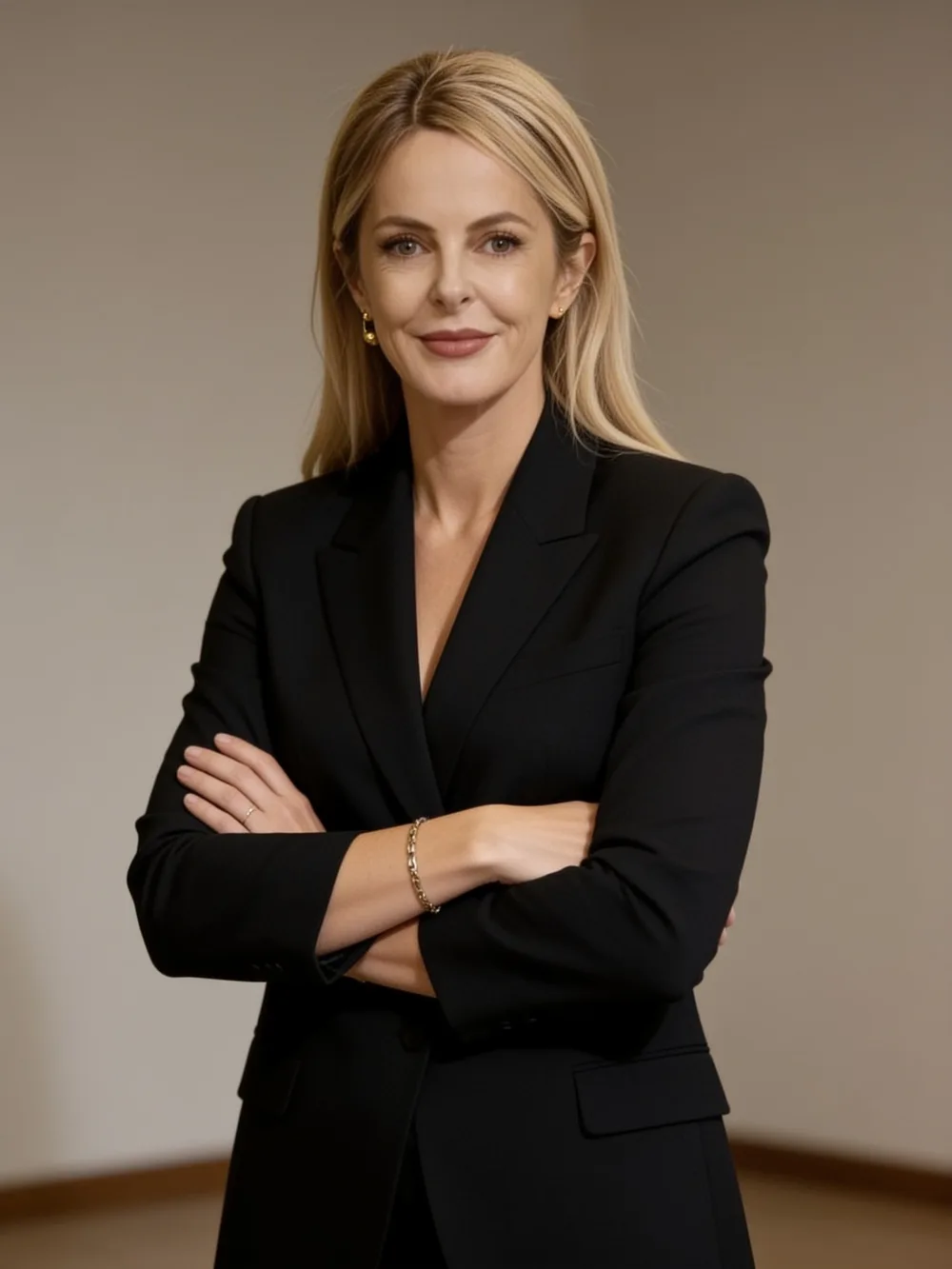 Portrait of Dr Kate Barker standing with her arms crossed, long blonde hair, wearing a black blazer, photographed against a warm neutral backdrop.