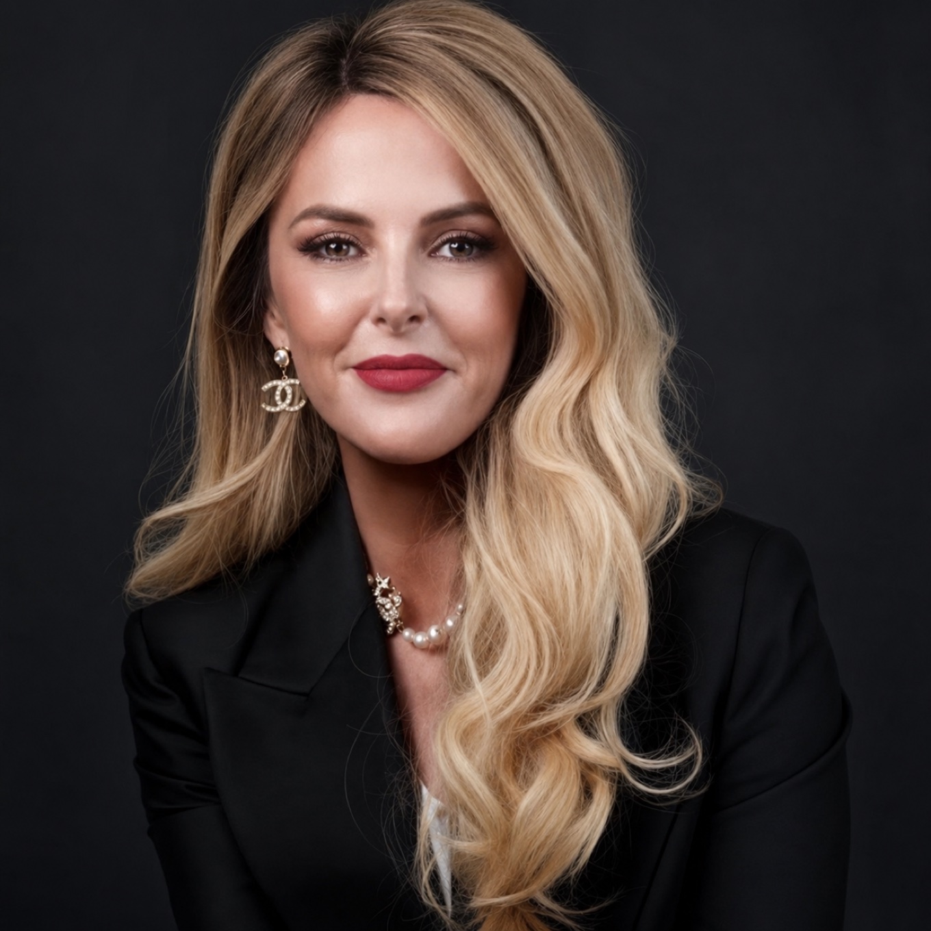 Portrait of Dr Kate Barker, blonde hair, wearing a black blazer, photographed against a dark studio backdrop.