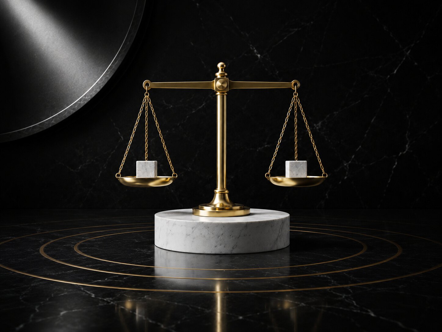 Gold scales balancing two marble cubes on black marble.