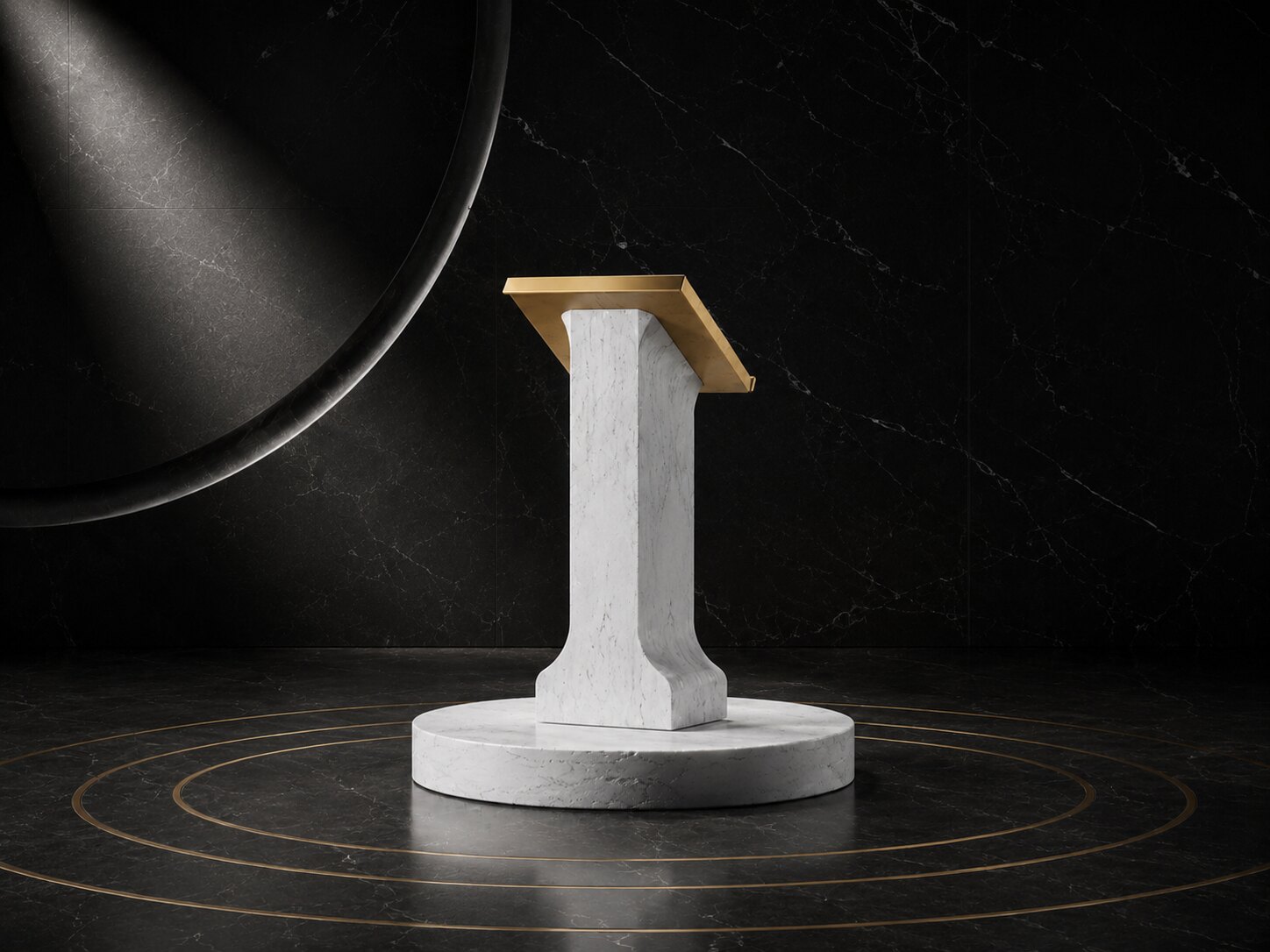 Marble lectern on a circular dais against black marble.