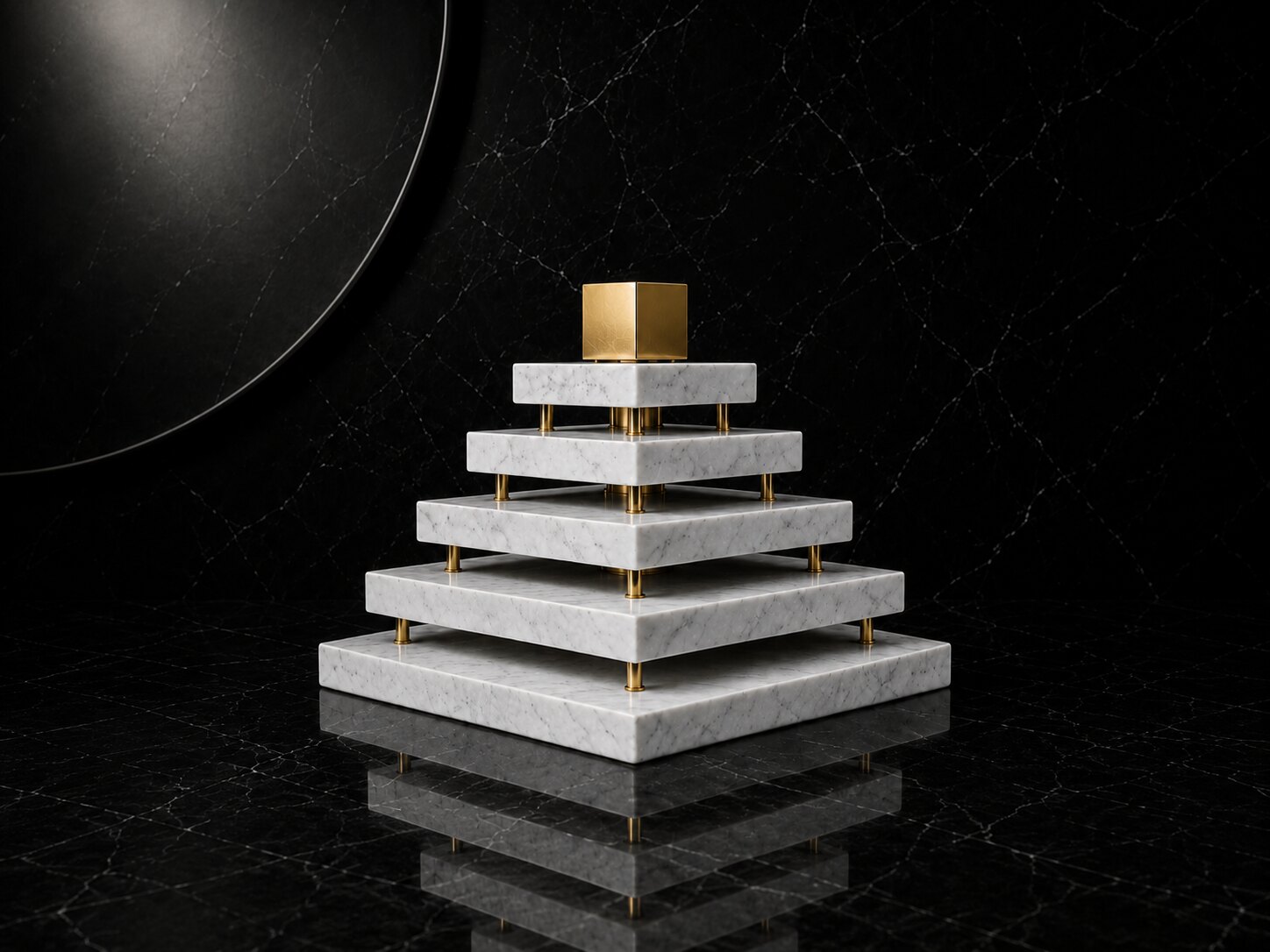 Tiered marble structure with gold accents on black marble.